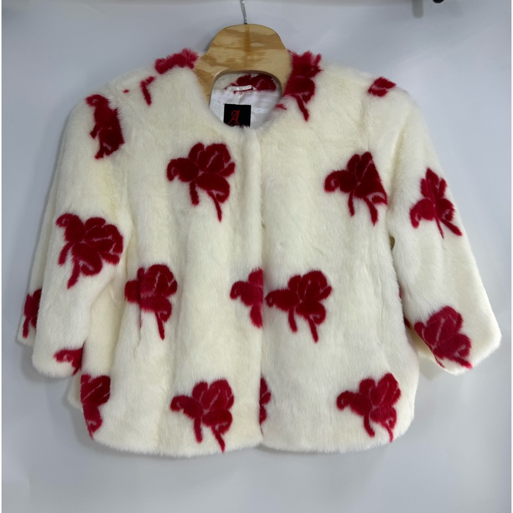 Adrienne Landau Faux Fur Floral Jacket Cream Red Cropped Plus Size 2X